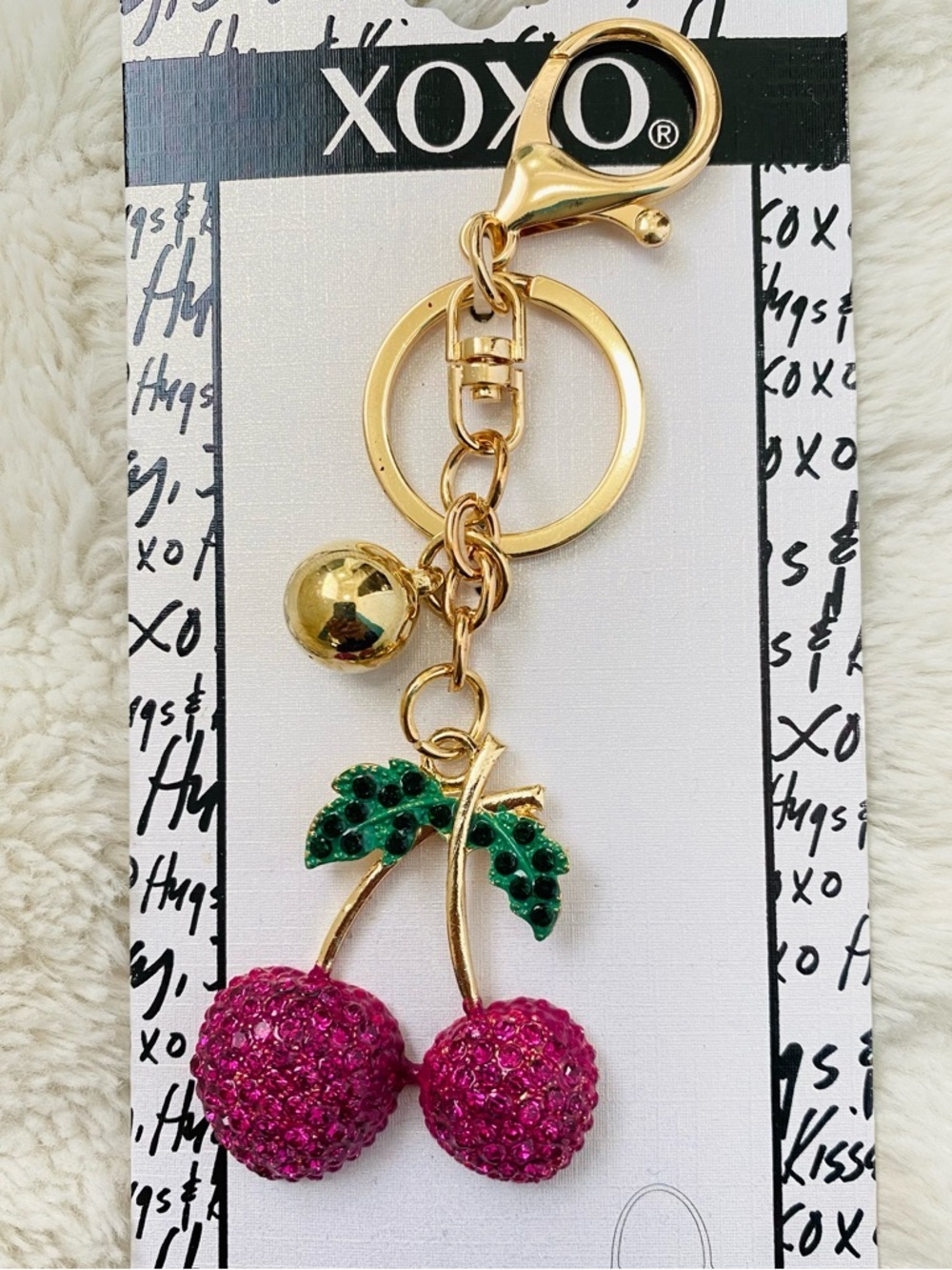 XOXO Cherry Crystal Gold Pink & Green Keychain Bag Purse Charm